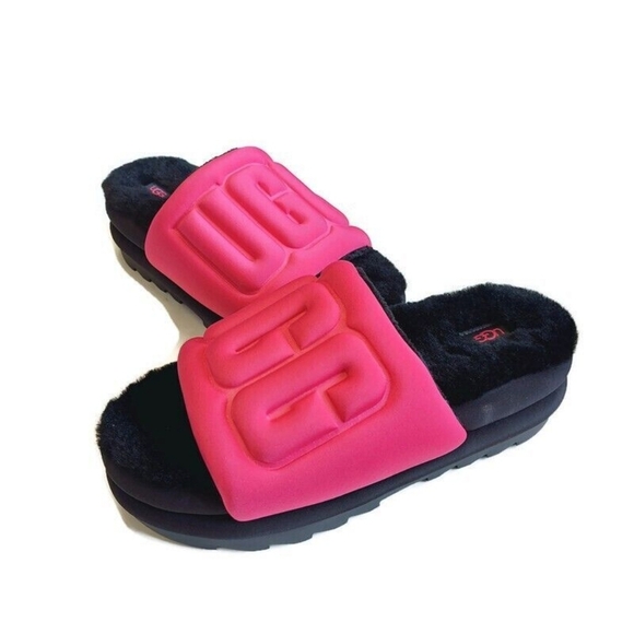 UGG Maxi Graphic RASPBERRY BLACK Platform Slide Sandals Puffy Furry NWOB / NWOT - Picture 4 of 12